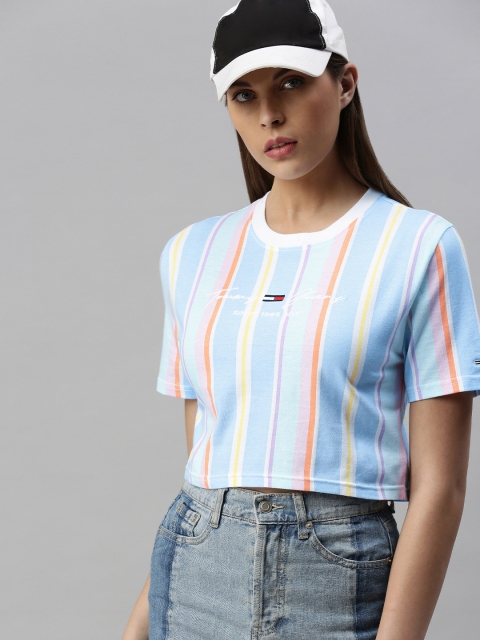 

Tommy Hilfiger Women Multicoloured Striped Cropped Round Neck Pure Cotton T-shirt, Multi