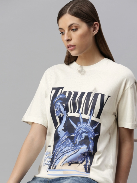 

Tommy Hilfiger Women Off-White Graphic Printed Round Neck Drop-Shoulder T-shirt