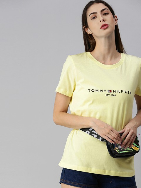 

Tommy Hilfiger Women Yellow Solid Round Neck T-shirt with Embroidered Detail