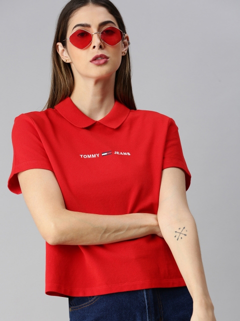 

Tommy Hilfiger Women Red Solid Peter Pan Collar T-shirt with Embroidered Detail