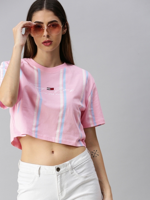 

Tommy Hilfiger Women Pink Striped Round Neck T-shirt