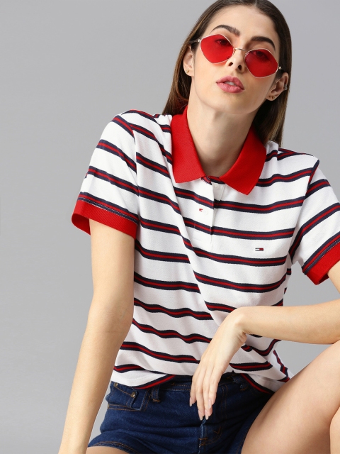 

Tommy Hilfiger Women White & Red Striped Polo Collar T-shirt