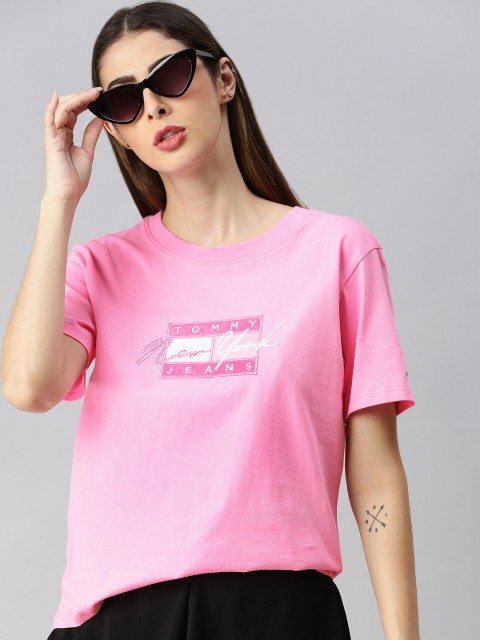 

Tommy Hilfiger Women Pink Solid Round Neck Pure Cotton T-shirt