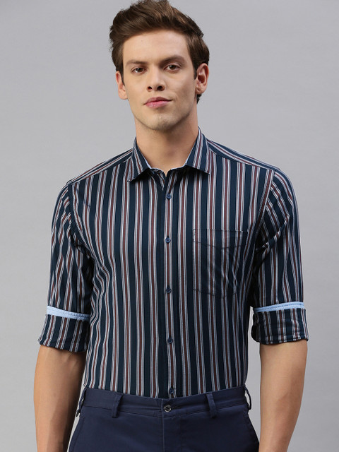 

Blackberrys Men Navy Blue & Brown Slim Fit Striped Formal Shirt