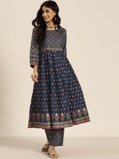 

Sangria Women Navy Blue & Golden Floral Printed Pure Cotton Kurta with Trousers