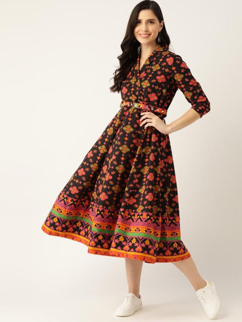 

Sangria Black & Orange Ethnic Pure Cotton A-Line Midi Dress