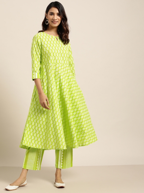 

Sangria Women Green Paisley Print Pure Cotton A-line Kurta with Trousers