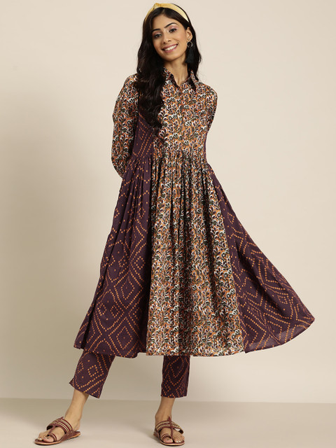 

Sangria Women Brown Bandhani Printed Panelled Pure Cotton Kurta with Trousers