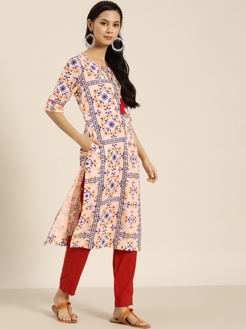 

Sangria Women Cream-Coloured & Blue Ethnic Motifs Print Kurta