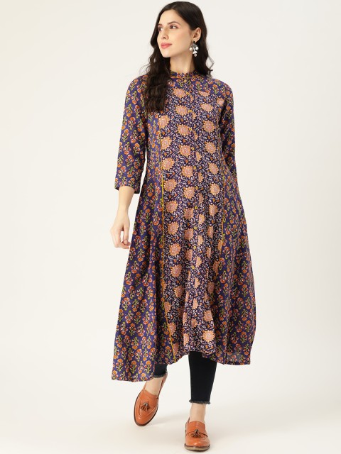 

Sangria Women Navy Blue & Peach-Coloured Ethnic Motifs Print Cotton A-Line Kurta