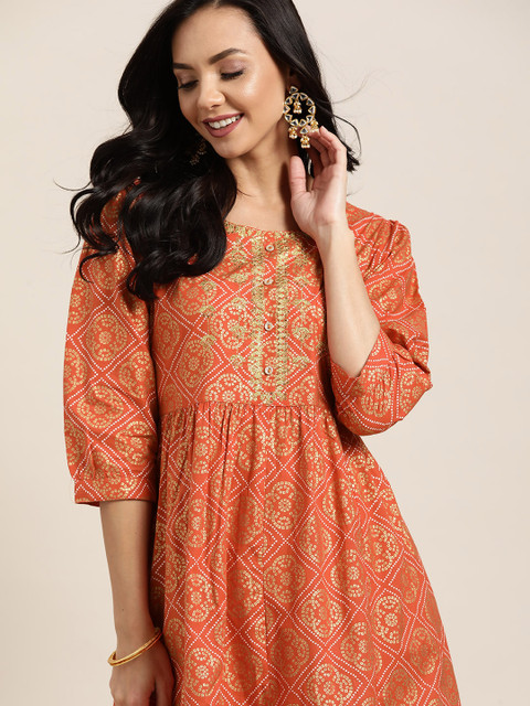 

Sangria Women Rust Orange & Golden Ethnic Motifs Print Cotton Gathered A-line Kurta