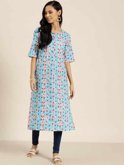 

Sangria Women Blue & Red Geometric Print Pure Cotton Straight Kurta