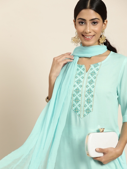 

Sangria Women Blue Ethnic Motifs Yoke Design Kurta with Palazzos & Dupatta