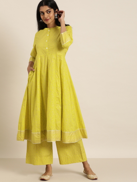 

Sangria Women Lime Green Floral Printed Pure Cotton Kurta with Palazzos