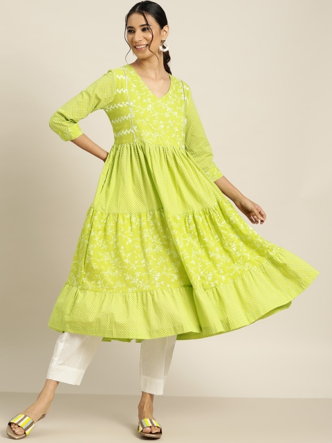 

Sangria Women Green & White Ethnic Motifs Print Cotton Gathered Tiered A-line Kurta