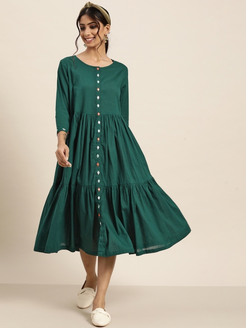 

Sangria Women Green Solid Tiered Fit and Flare Dress with Mirror Work