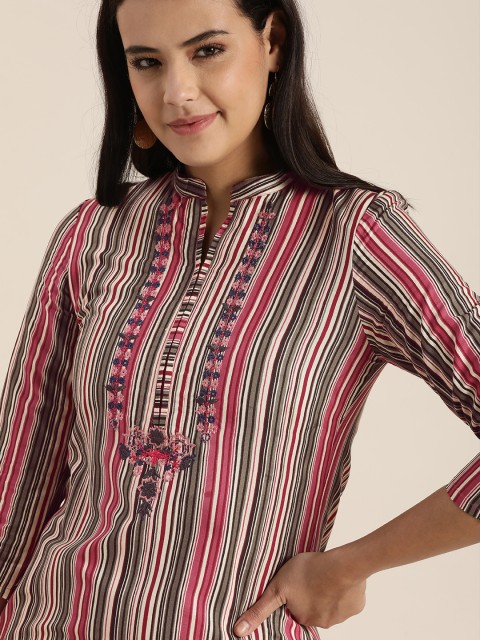 

Sangria Women Charcoal Grey & Pink Striped Cotton Straight Kurta