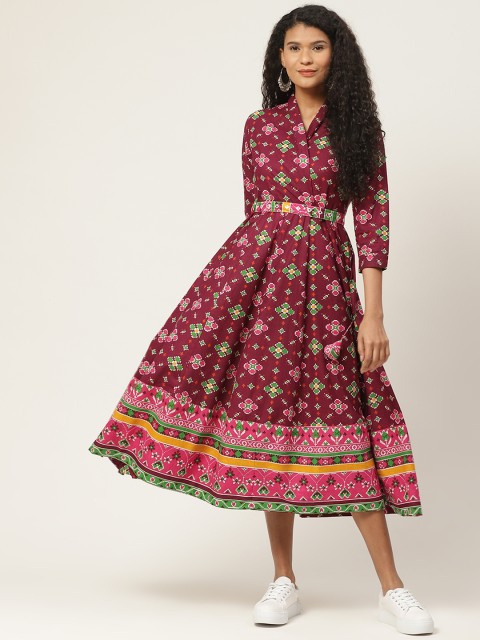 

Sangria Women Maroon & Green Ethnic Printed Cotton Midi Wrap Dress with Belt
