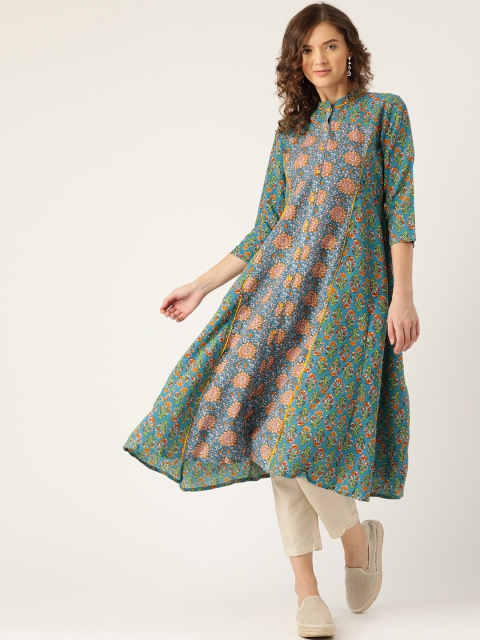 

Sangria Women Sea Green & Mustard Brown Printed Kurta