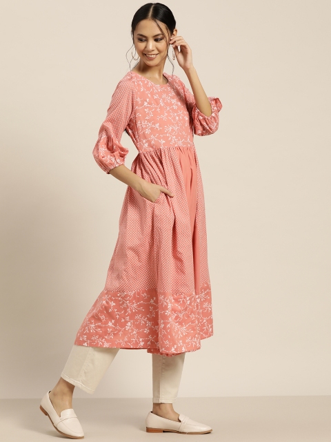 

Sangria Women Peach-Coloured & White Pure Cotton Printed Kurta