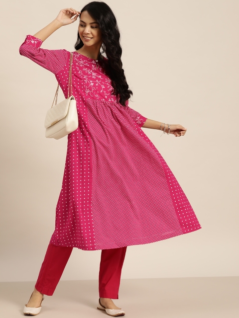 

Sangria Women Pink & White Ethnic Motifs Printed Keyhole Neck A- Line Kurta