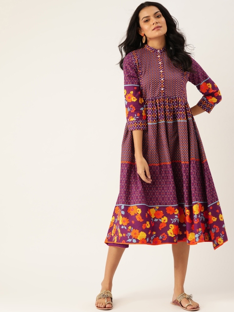 

Sangria Women Aubergine & Yellow Geometric Print Pure Cotton Midi A-Line Dress, Purple