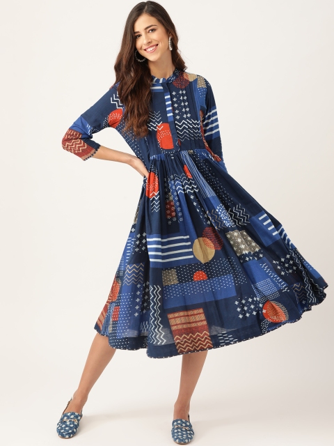 

Sangria Women Navy Blue & White Pure Cotton Printed A-Line Dress