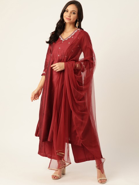 

Sangria Women Maroon Embroidered Yoke Design Panelled Kurta with Palazzos & Dupatta