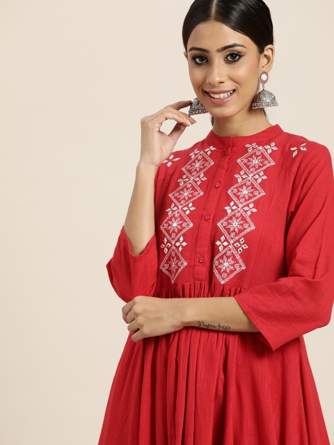 

Sangria Women Red Pure Cotton Yoke Design Pleated Mirror-Work Kurta with Palazzos