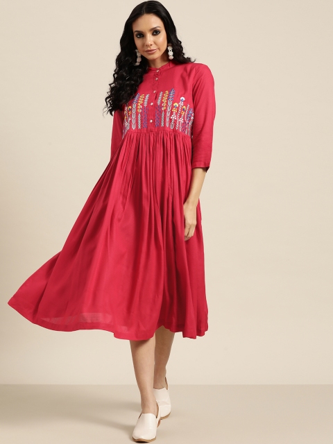 

Sangria Red & Green Ethnic Motifs Printed Embroidered A-Line Midi Dress