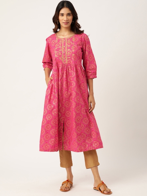 

Sangria Women Fuchsia & Golden Bandhani Printed Pure Cotton Kurta