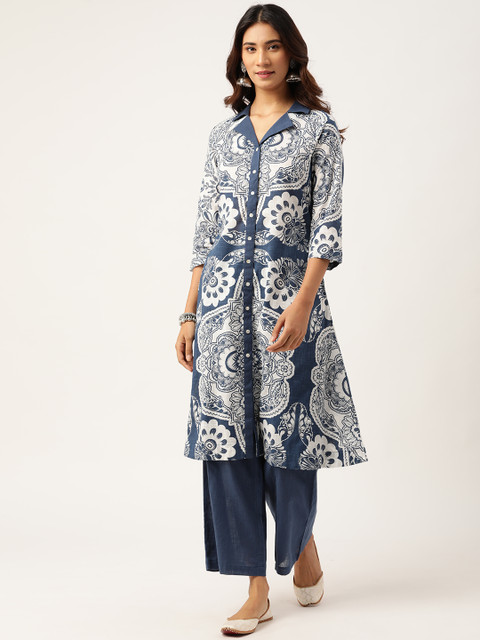 

Sangria Women Navy Blue Ethnic Motifs Printed Pure Cotton Kurta with Palazzos