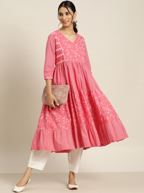 

Sangria Women Pink & White Motifs Print Cotton Gathered Tiered Gotta Patti A-line Kurta