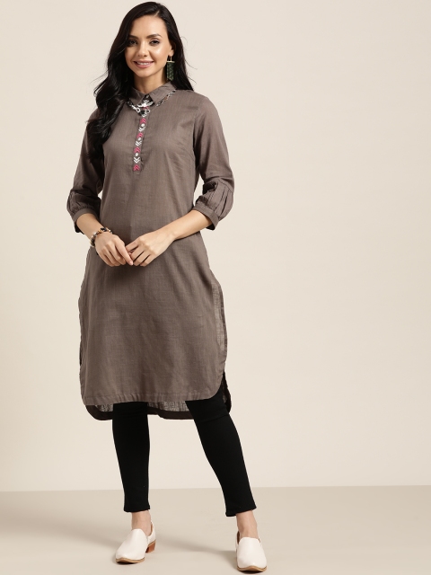 

Sangria Women Taupe Pure Cotton Thread Work Kurta