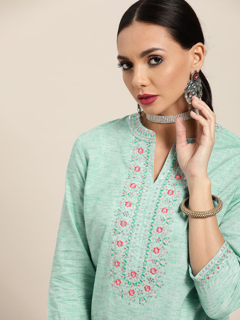

Sangria Women Blue & Pink Ethnic Motifs Yoke Design Pure Cotton Kurta