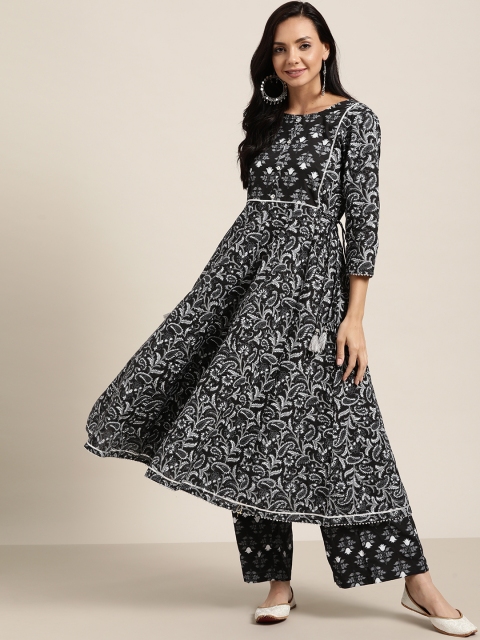 

Sangria Women Black & White Ethnic Motifs Printed Pure Cotton Kurta with Palazzos