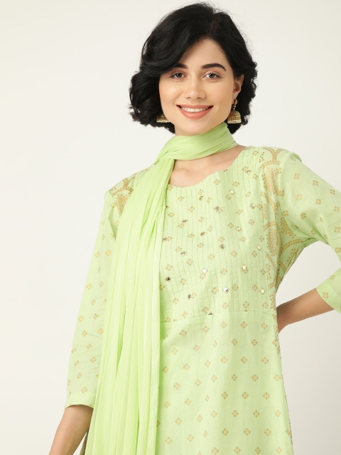 

Sangria Women Green Pure Cotton Printed Mirror-Work Kurta with Trousers & Dupatta