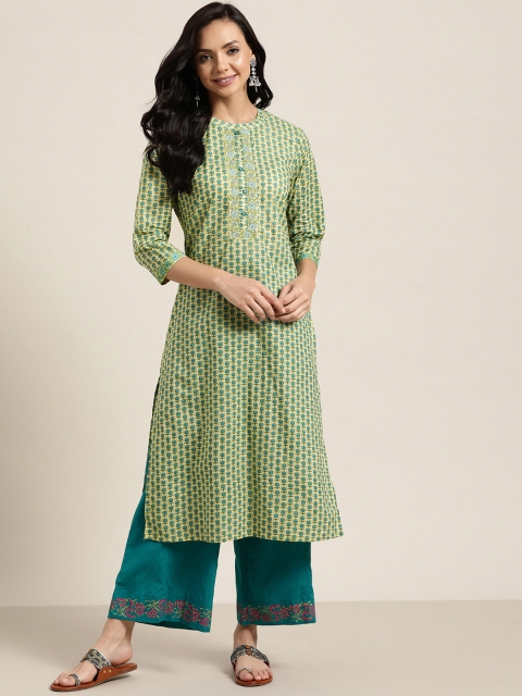 

Sangria Women Green & Blue Ethnic Motifs Printed Pure Cotton Kurta with Palazzos