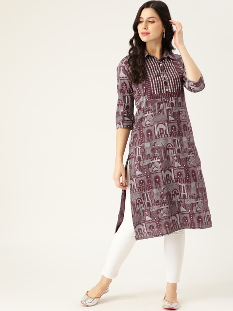 

Sangria Women Burgundy & White Ethnic Motifs Print Straight Kurta