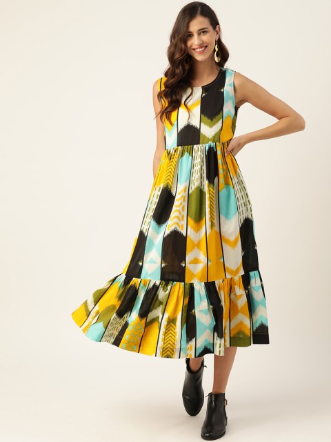 

Sangria Yellow & Black Pure Cotton Ethnic A-Line Midi Dress