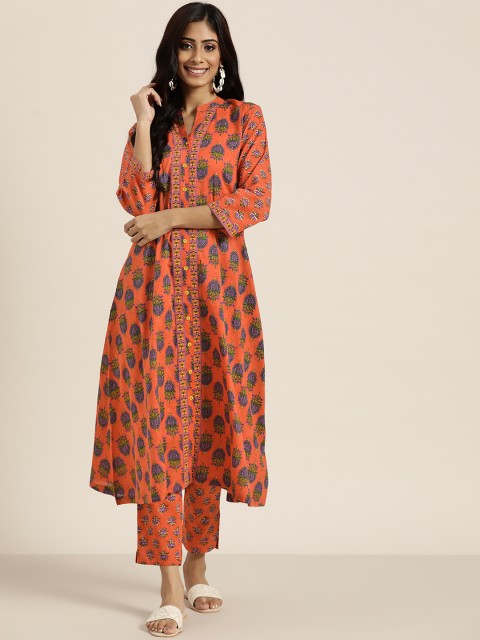 

Sangria Women Orange & Purple Motifs Print Cotton A-line Kurta with Trousers