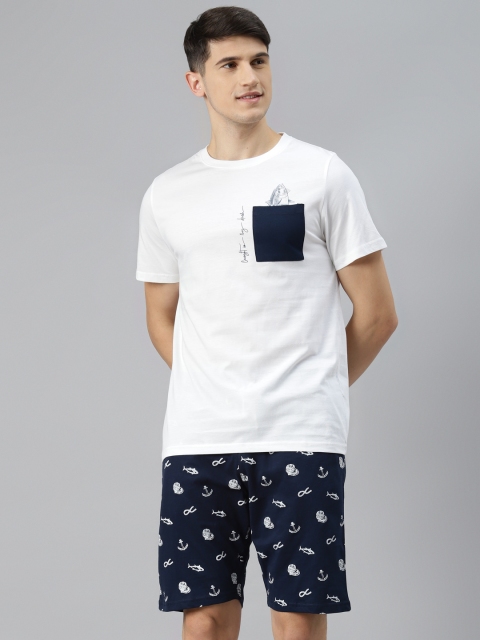 

Mast & Harbour Men White & Navy Blue Printed Pure Cotton Night suit