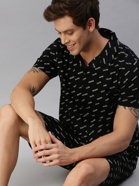 

Mast & Harbour Men Black & White Cotton Typographic Print Night suit
