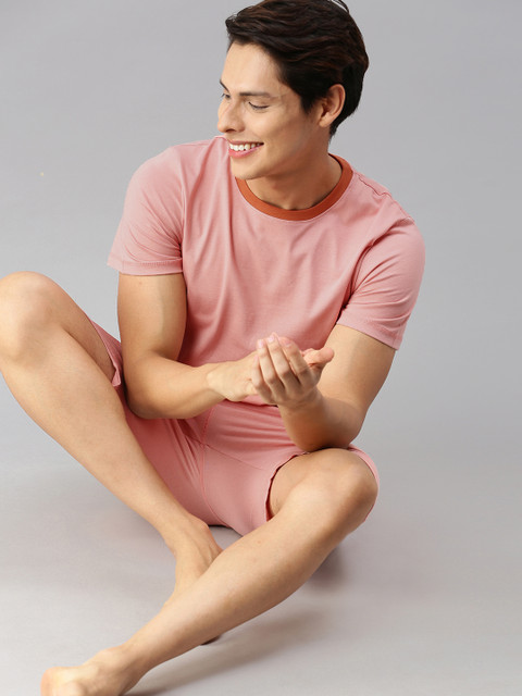 

Mast & Harbour Men Peach Solid Pure Cotton Loungewear Set