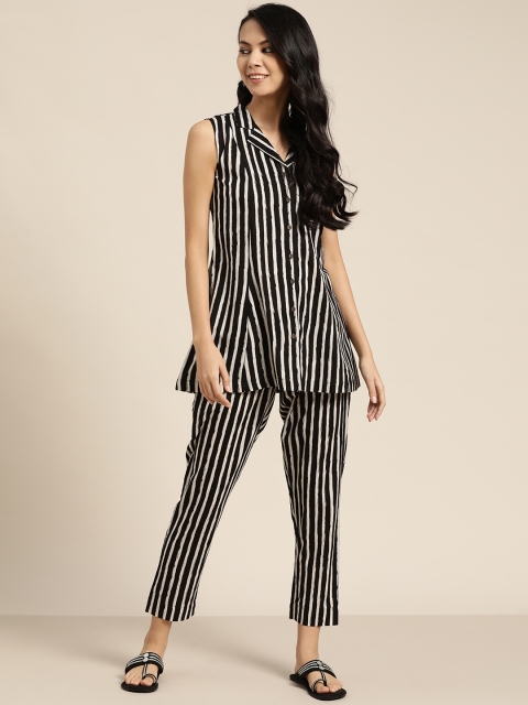 

Sangria Women Black & White Striped Pure Cotton Top with Trousers