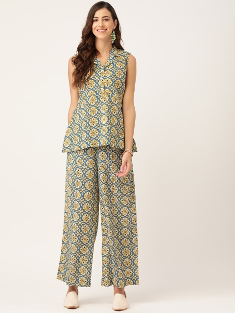 

Sangria Women Blue & Yellow Printed Pure Cotton Top with Palazzos