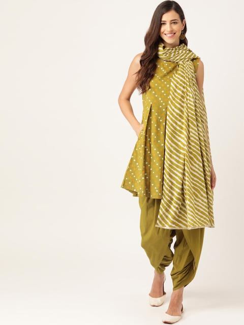 

Sangria Women Olive Bandhani Printed Pleated Pure Cotton Kurta with Patiala & Dupatta