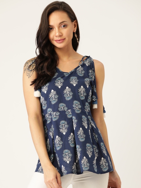 

Sangria Navy Blue & White Ethnic Print Pure Cotton A-Line Top With Tie-Ups