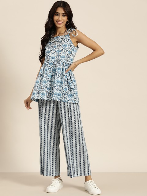 

Sangria Women Blue Ethnic Motifs Printed Pure Cotton Kurti with Palazzos