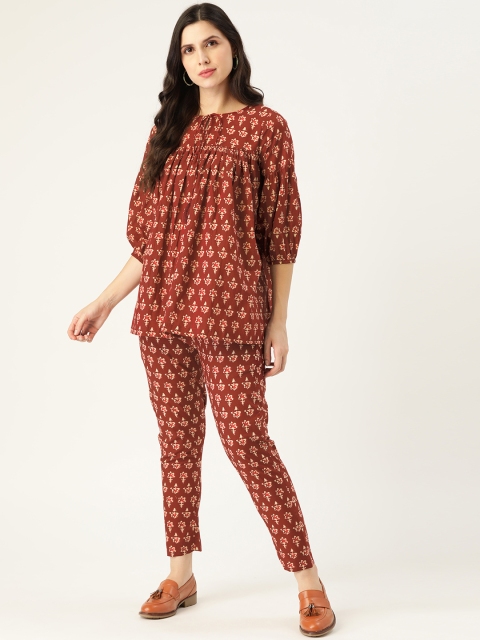 

Sangria Women Rust Red & Cream-Coloured Pure Cotton Printed Top with Trousers